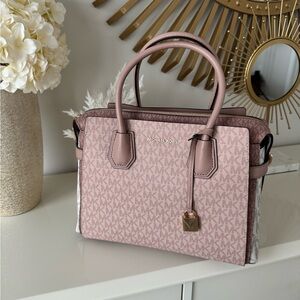 Michael Kors Blush Pink Mercer Medium Color-Block Logo Belted Satchel